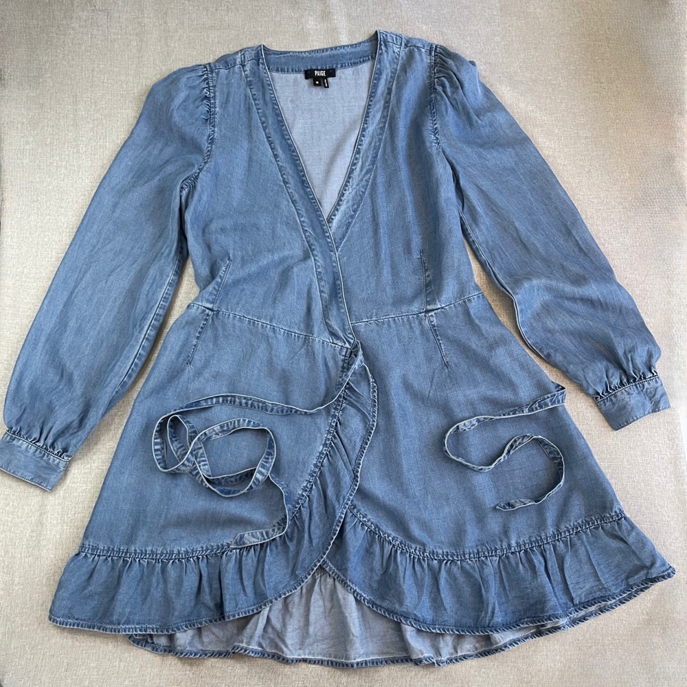 Paige Kendry Denim Wrap Ruffle Dress Juno Chambray Western Boho Womens M Blue - Picture 9 of 16